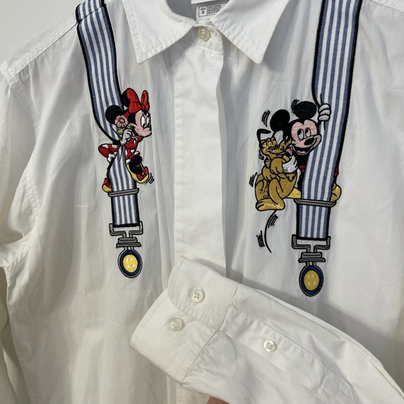 Vtg 90s Walt Disney World Mickey Mouse Suspender Shirt Embroidered Trompe L'oeil - Picture 7 of 16